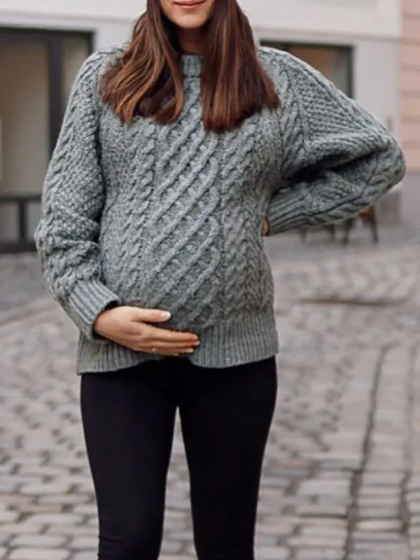 Momnfancy Light Grey Cowl Neck Oversized Cable Photoshoot Knitting Maternity Sweater Dress