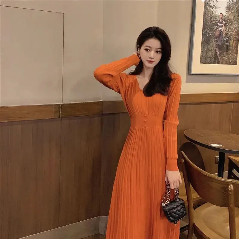 Pleated V-neck Knitted A-line Sweater Dress Long Sleeve Midi Dress