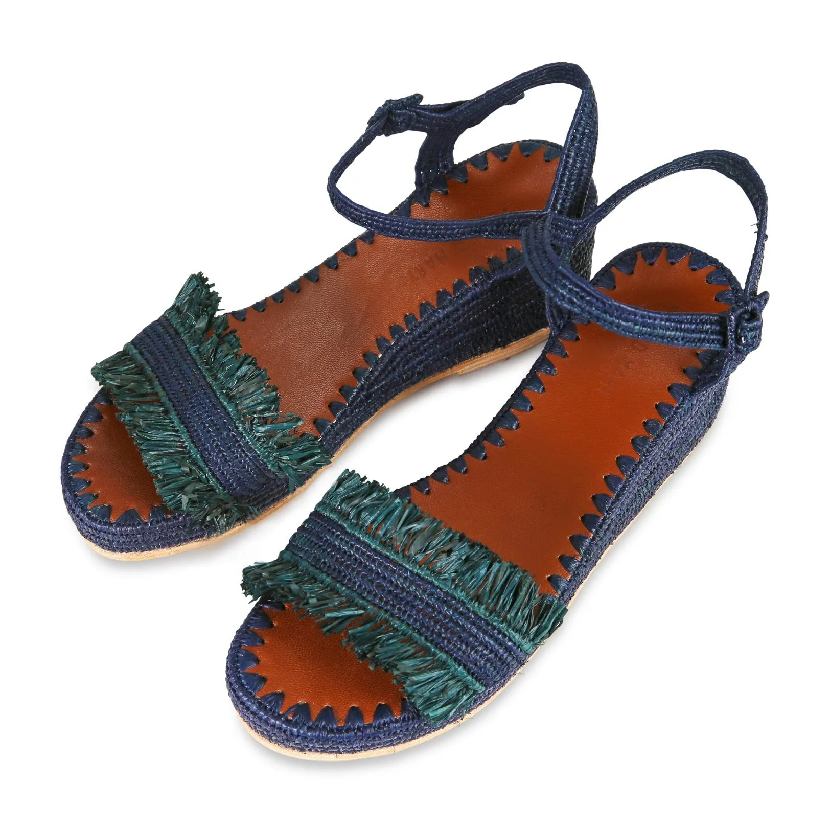 Raffia Wedge Fringe Sandal (Navy with Forest Fringe)