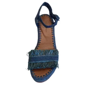 Raffia Wedge Fringe Sandal (Navy with Forest Fringe)