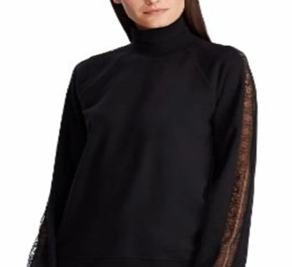 Ralph Lauren Women's Laced Sleeves Ribbed Trim Turtleneck Sweater Black Size Large