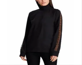 Ralph Lauren Women's Laced Sleeves Ribbed Trim Turtleneck Sweater Black Size Large