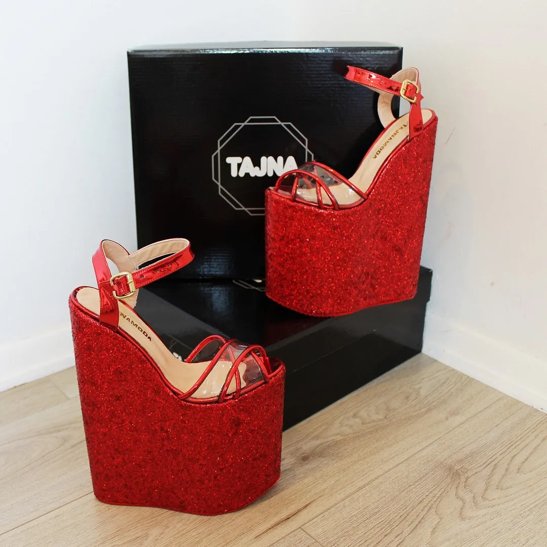 Shiny Red 25 cm Super High Heel Platform Wedge Sandals