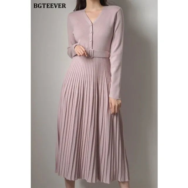 Sweater Dress 2021 Autumn Winter Knitted Belted Female A-line soft dresses