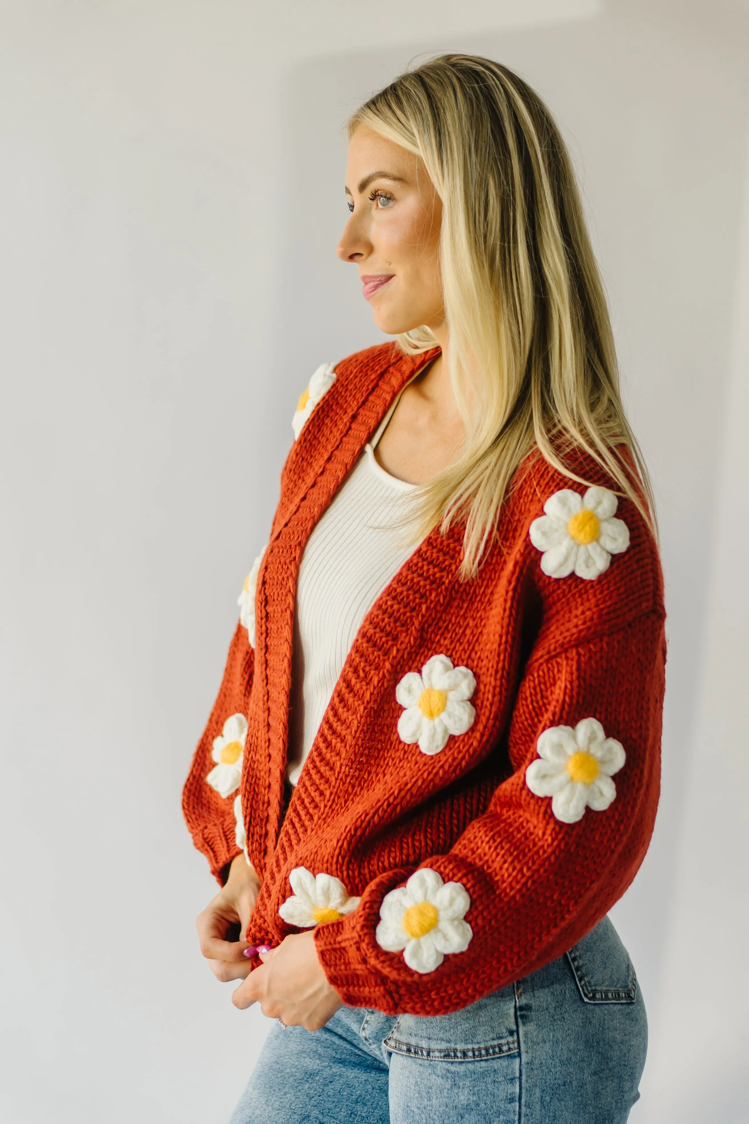 The Adara Knit Daisy Detail Cardigan in Rust