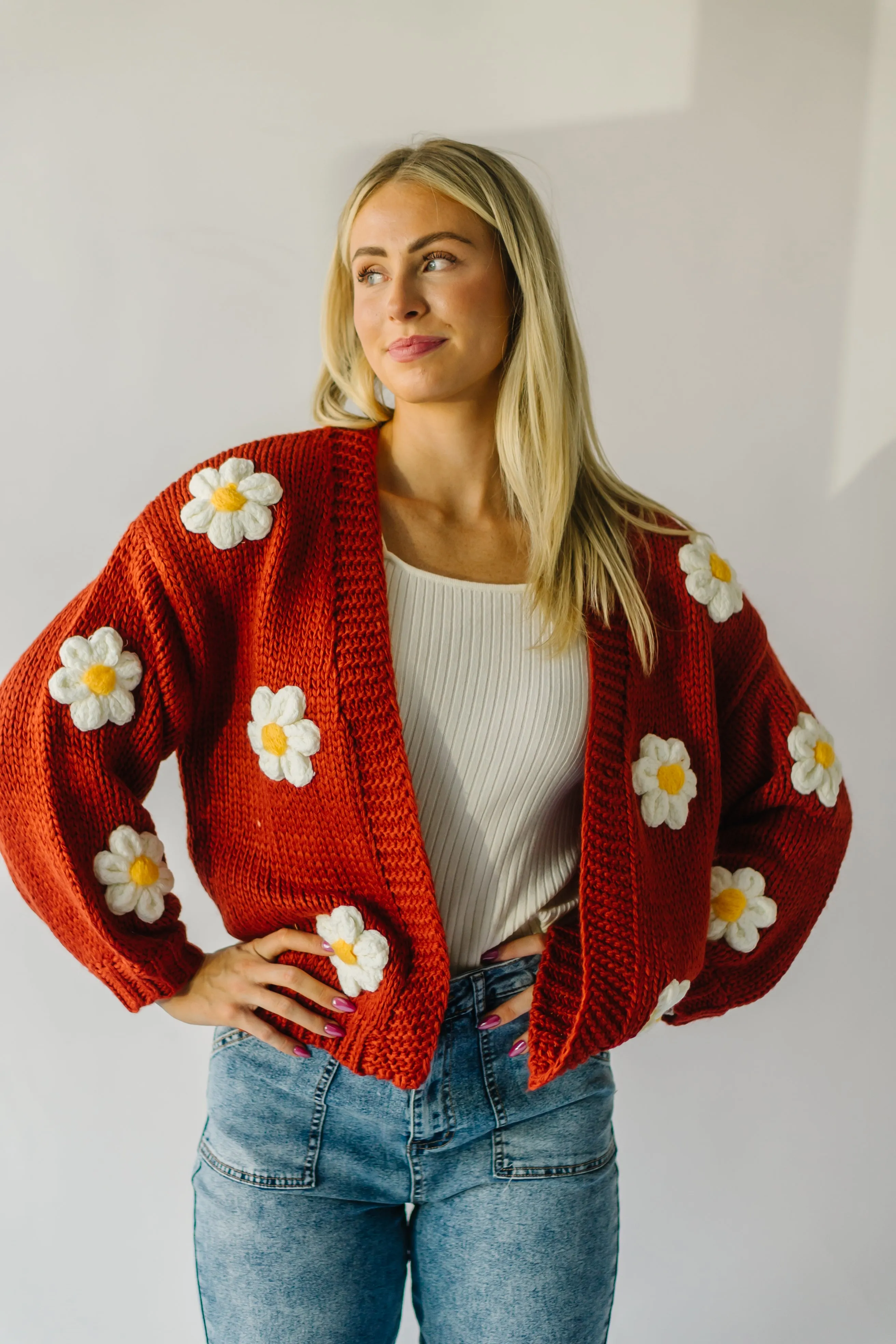 The Adara Knit Daisy Detail Cardigan in Rust