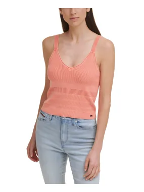 TOMMY JEANS Womens Coral Knit Ribbed Fitted Sleeveless V Neck Tank Sweater