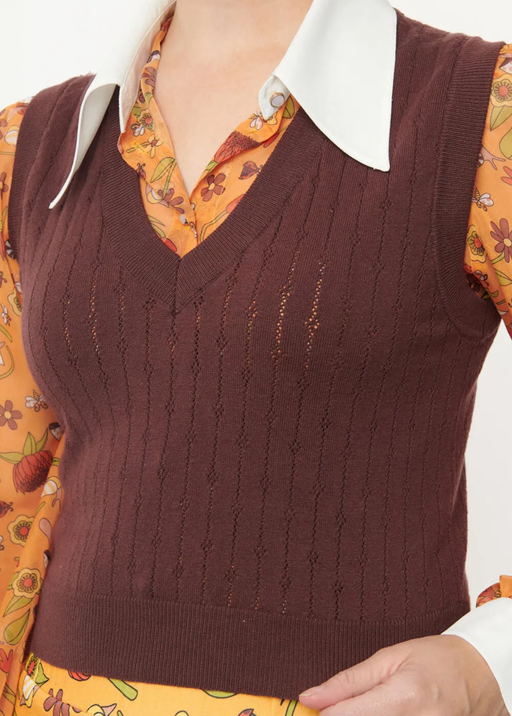 Unique Vintage Smak Parlor Chandler Crop 60's Sweater Vest Top Brown