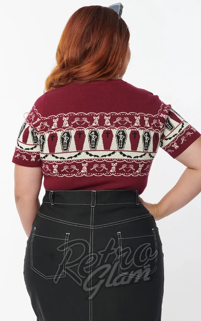 Unique Vintage Sweater in Burgundy Coffins & Cats Fair Isle-M left only