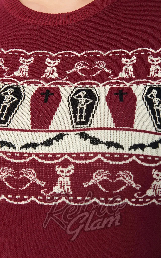 Unique Vintage Sweater in Burgundy Coffins & Cats Fair Isle-M left only