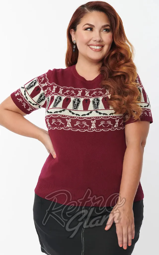 Unique Vintage Sweater in Burgundy Coffins & Cats Fair Isle-M left only