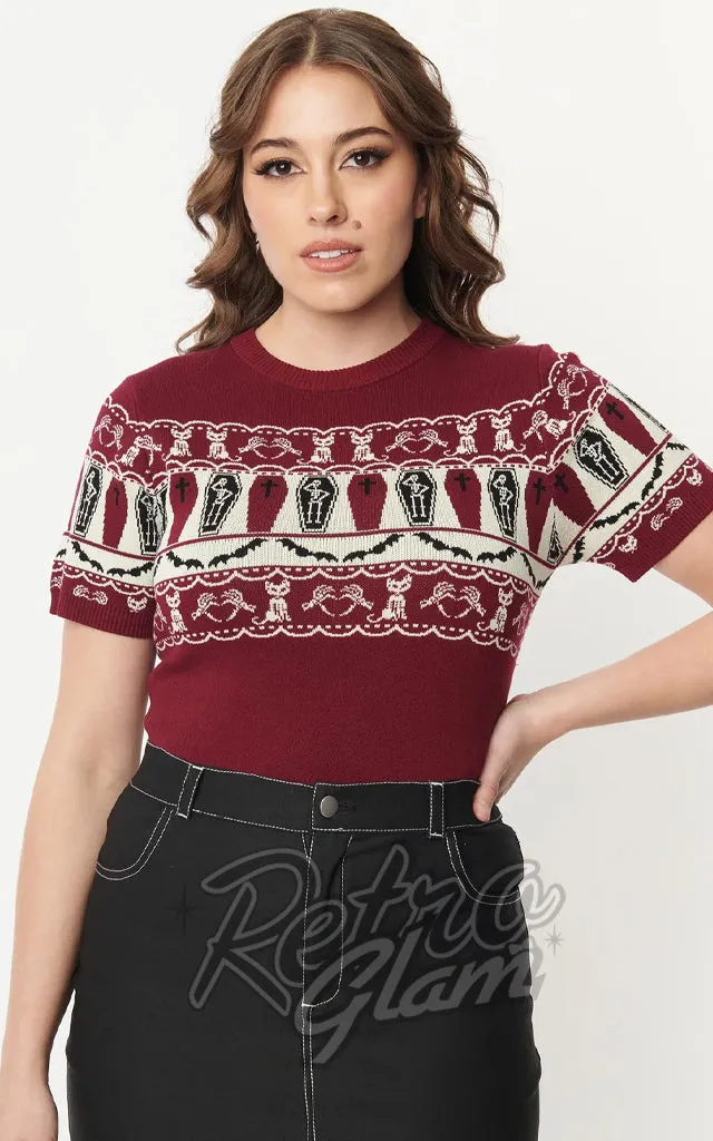 Unique Vintage Sweater in Burgundy Coffins & Cats Fair Isle-M left only