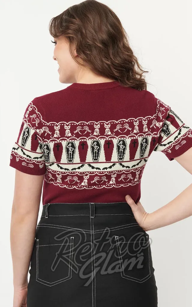 Unique Vintage Sweater in Burgundy Coffins & Cats Fair Isle-M left only