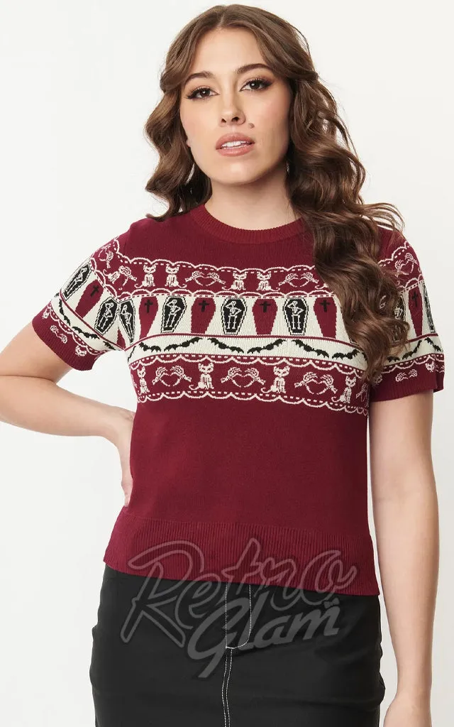 Unique Vintage Sweater in Burgundy Coffins & Cats Fair Isle-M left only