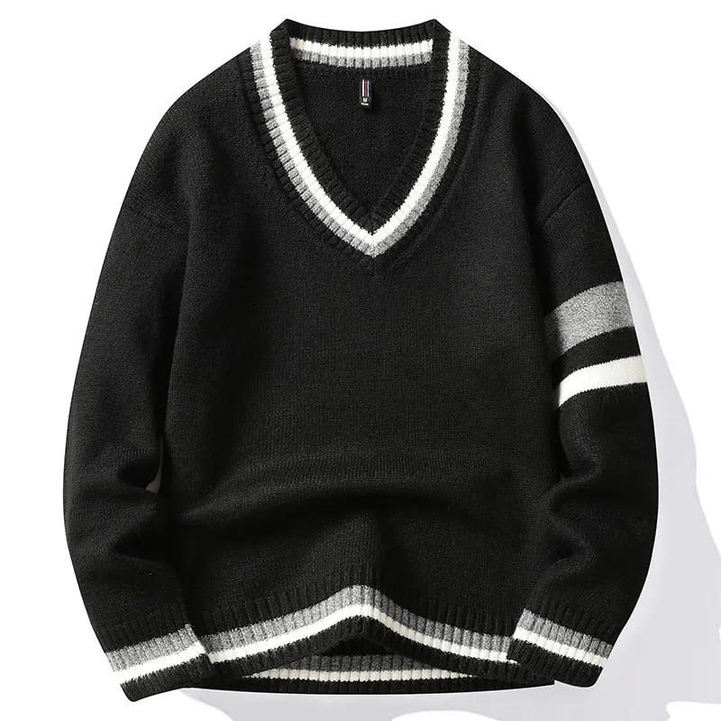 Unisex Standard Wool Hip Hop Hand Knitted V-Neck Loose Pullover Sweater