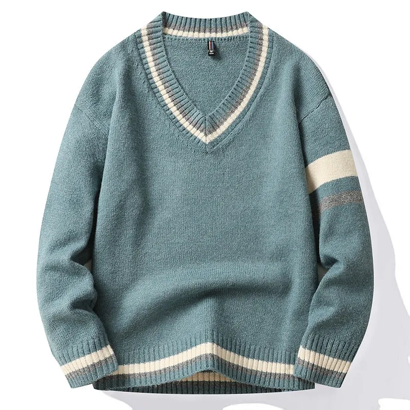 Unisex Standard Wool Hip Hop Hand Knitted V-Neck Loose Pullover Sweater