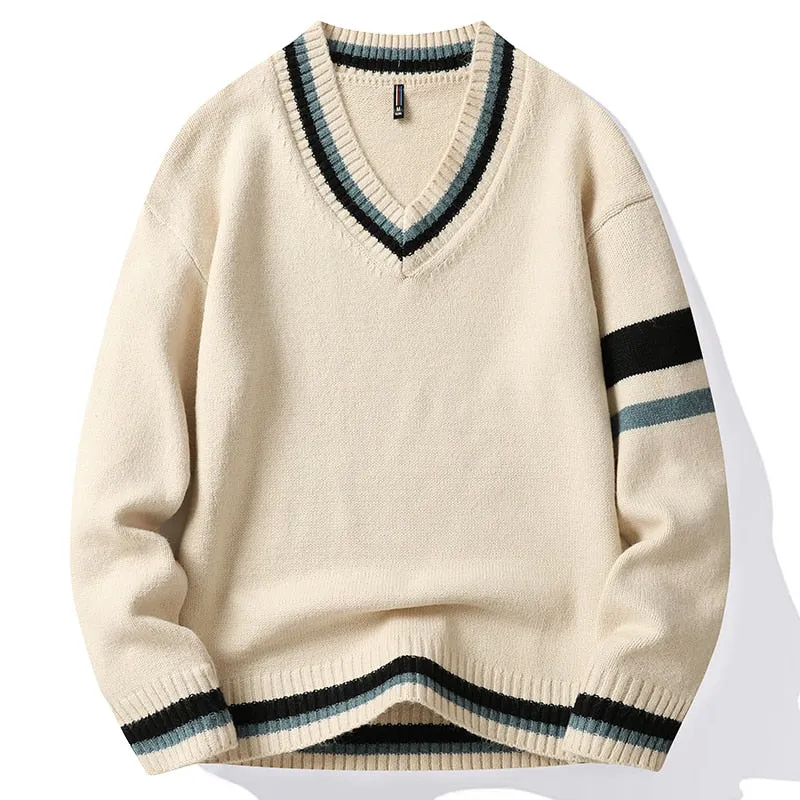 Unisex Standard Wool Hip Hop Hand Knitted V-Neck Loose Pullover Sweater