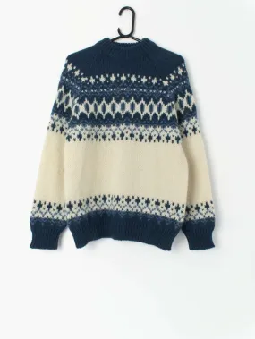 Vintage Runox Scandinavian wool jumper, chunky knit jumper in blue and cream – Medium