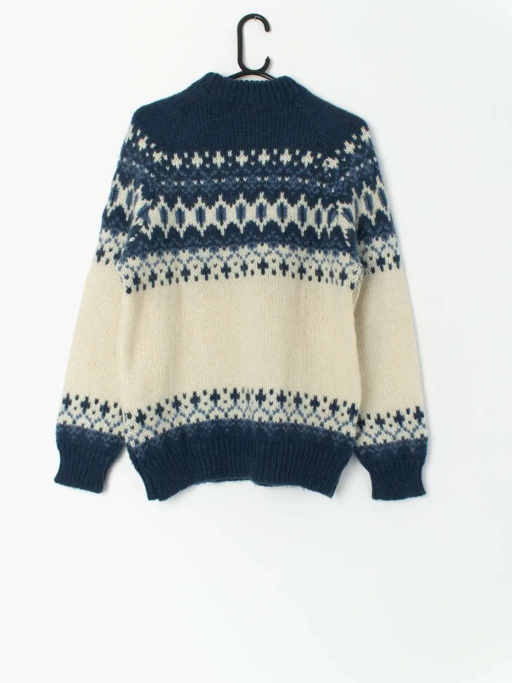 Vintage Runox Scandinavian wool jumper, chunky knit jumper in blue and cream – Medium