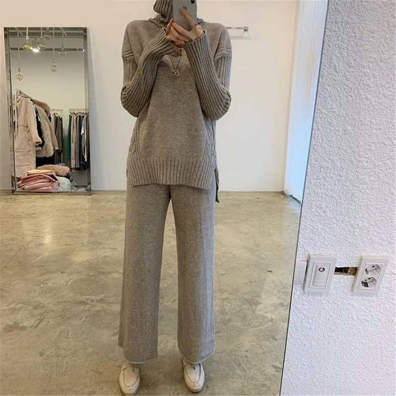 Women's Knitted Turtleneck Side Split Pullover Wide Leg Pants Sweater 2pcs Set