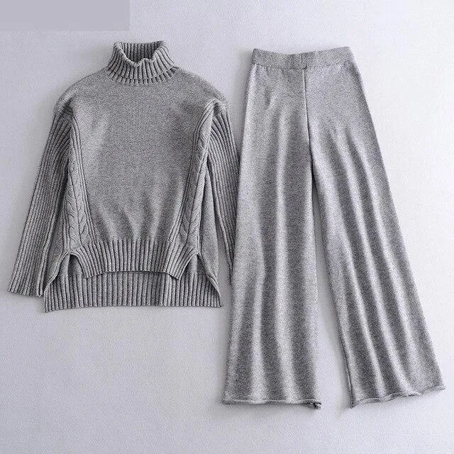 Women's Knitted Turtleneck Side Split Pullover Wide Leg Pants Sweater 2pcs Set