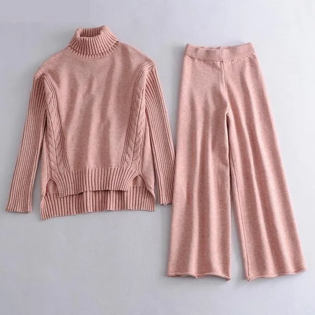 Women's Knitted Turtleneck Side Split Pullover Wide Leg Pants Sweater 2pcs Set