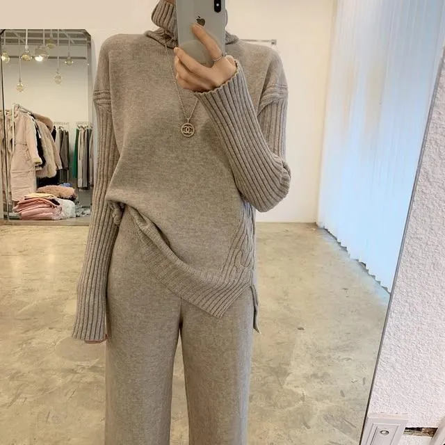 Women's Knitted Turtleneck Side Split Pullover Wide Leg Pants Sweater 2pcs Set