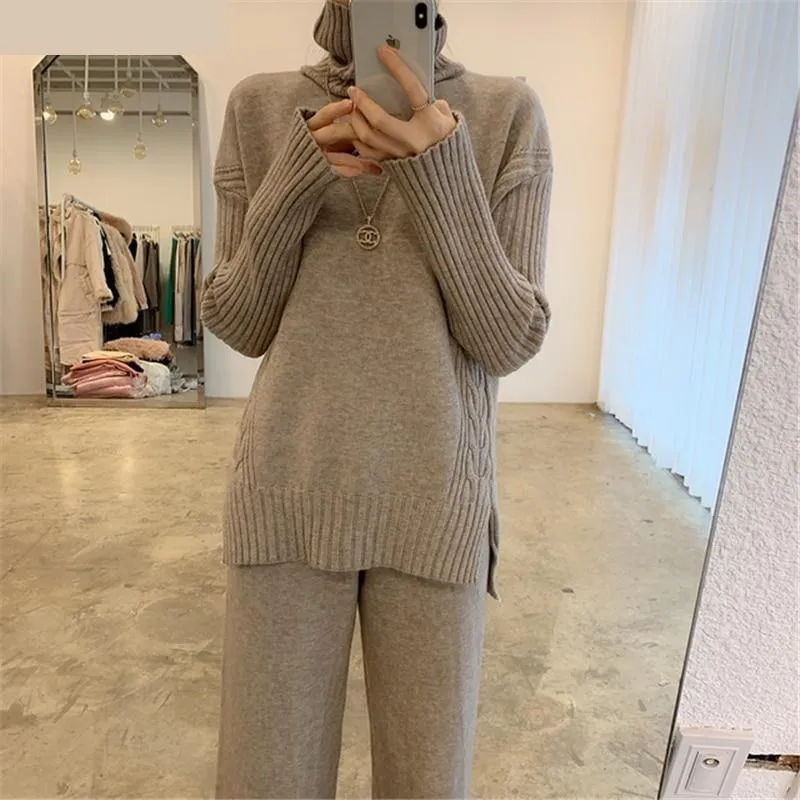 Women's Knitted Turtleneck Side Split Pullover Wide Leg Pants Sweater 2pcs Set