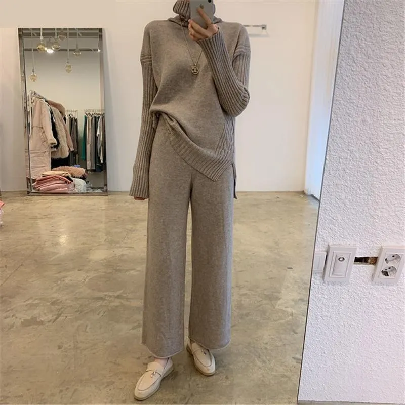 Women's Knitted Turtleneck Side Split Pullover Wide Leg Pants Sweater 2pcs Set