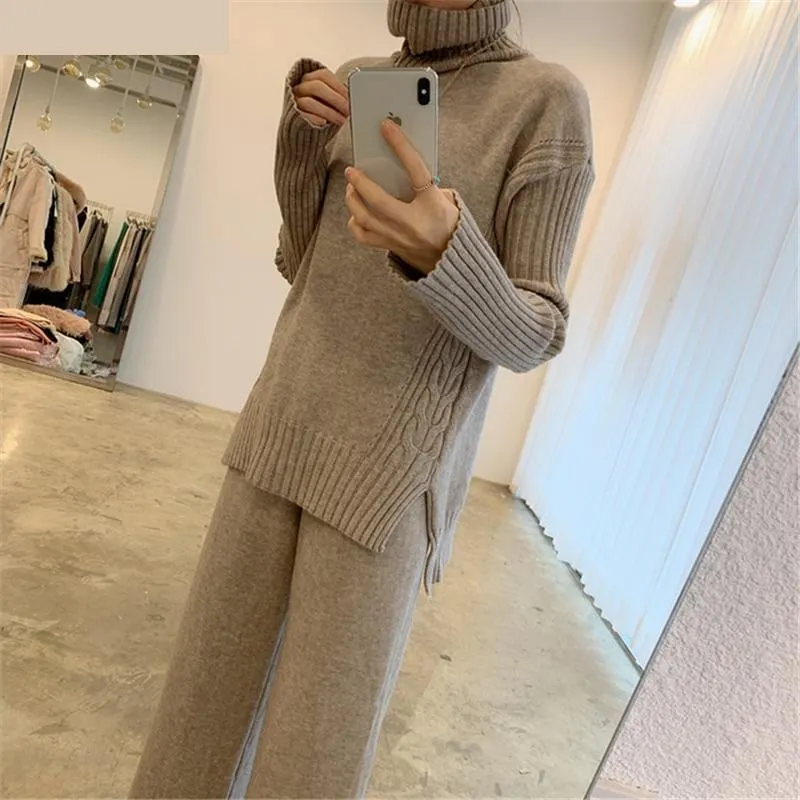 Women's Knitted Turtleneck Side Split Pullover Wide Leg Pants Sweater 2pcs Set