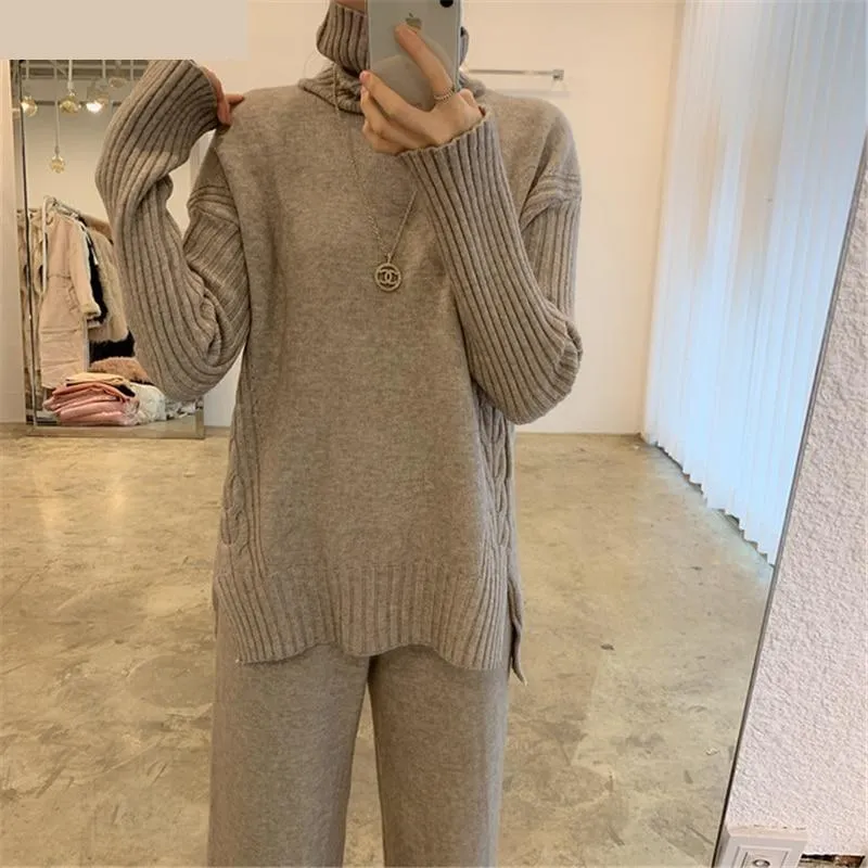 Women's Knitted Turtleneck Side Split Pullover Wide Leg Pants Sweater 2pcs Set