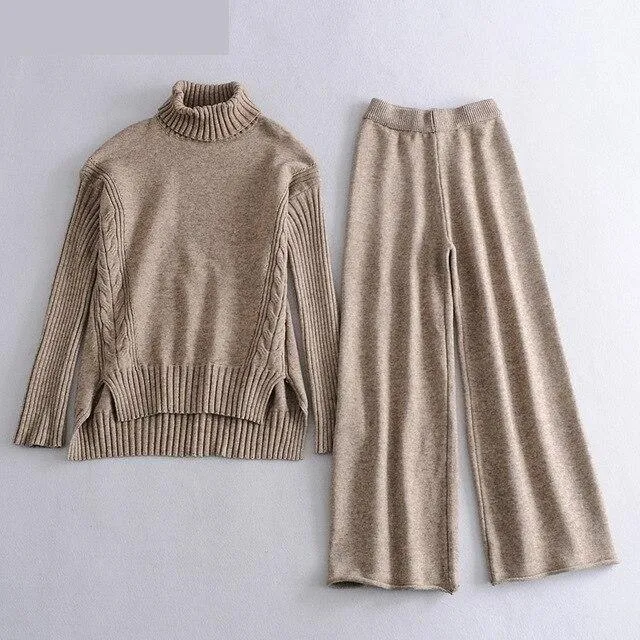 Women's Knitted Turtleneck Side Split Pullover Wide Leg Pants Sweater 2pcs Set