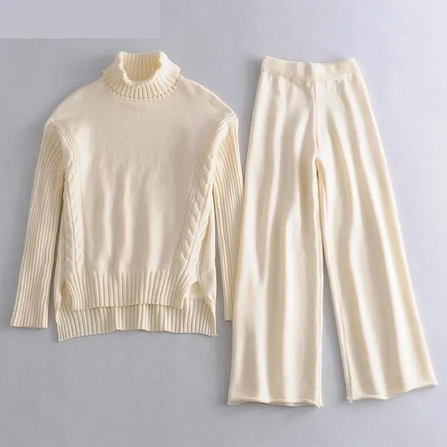 Women's Knitted Turtleneck Side Split Pullover Wide Leg Pants Sweater 2pcs Set